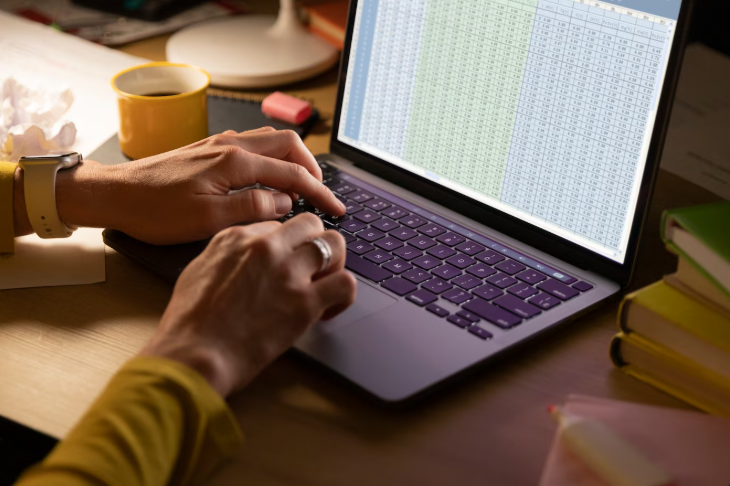 Researcher reviewing spreadsheet data on a laptop